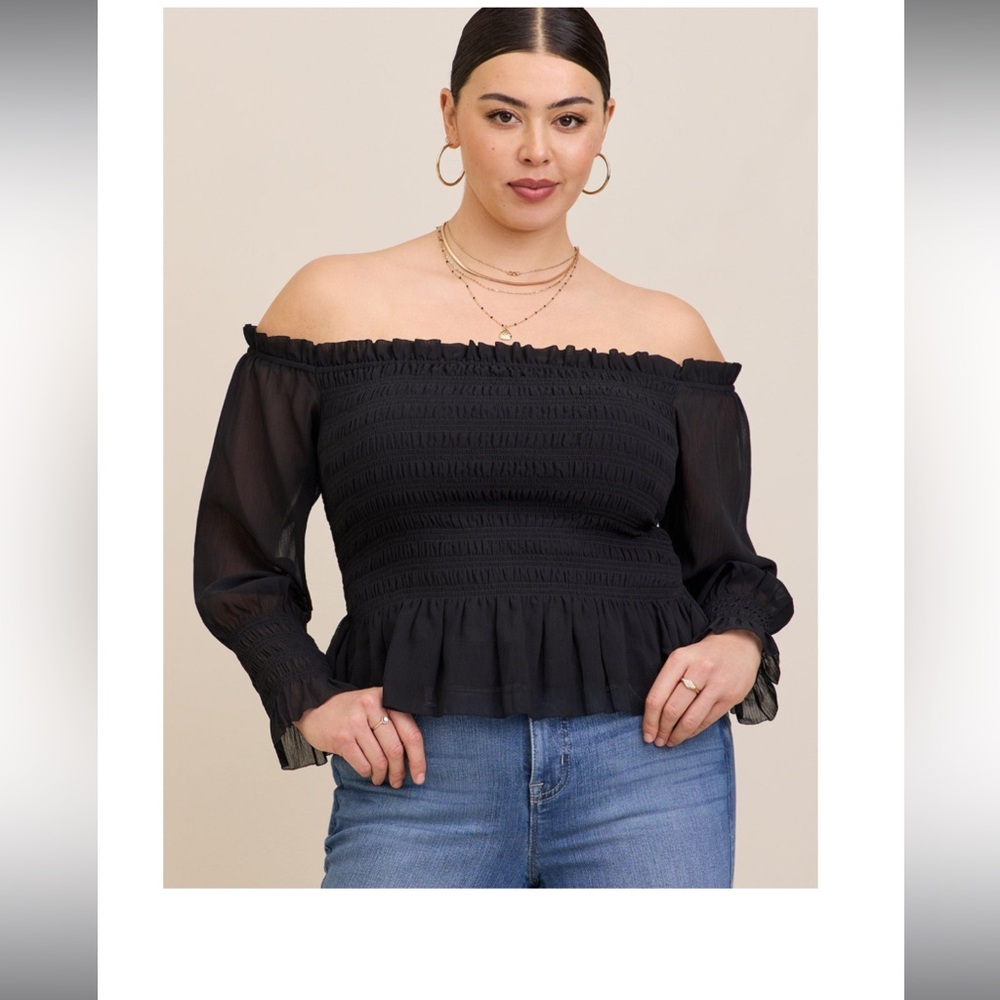 Plus Size Torrid Chiffon Smocked Waist Off-Shoulder Crop Top NWT